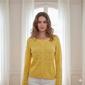 Sparrow Yellow Gold Pointelle Knit 7 Button Cardigan XS